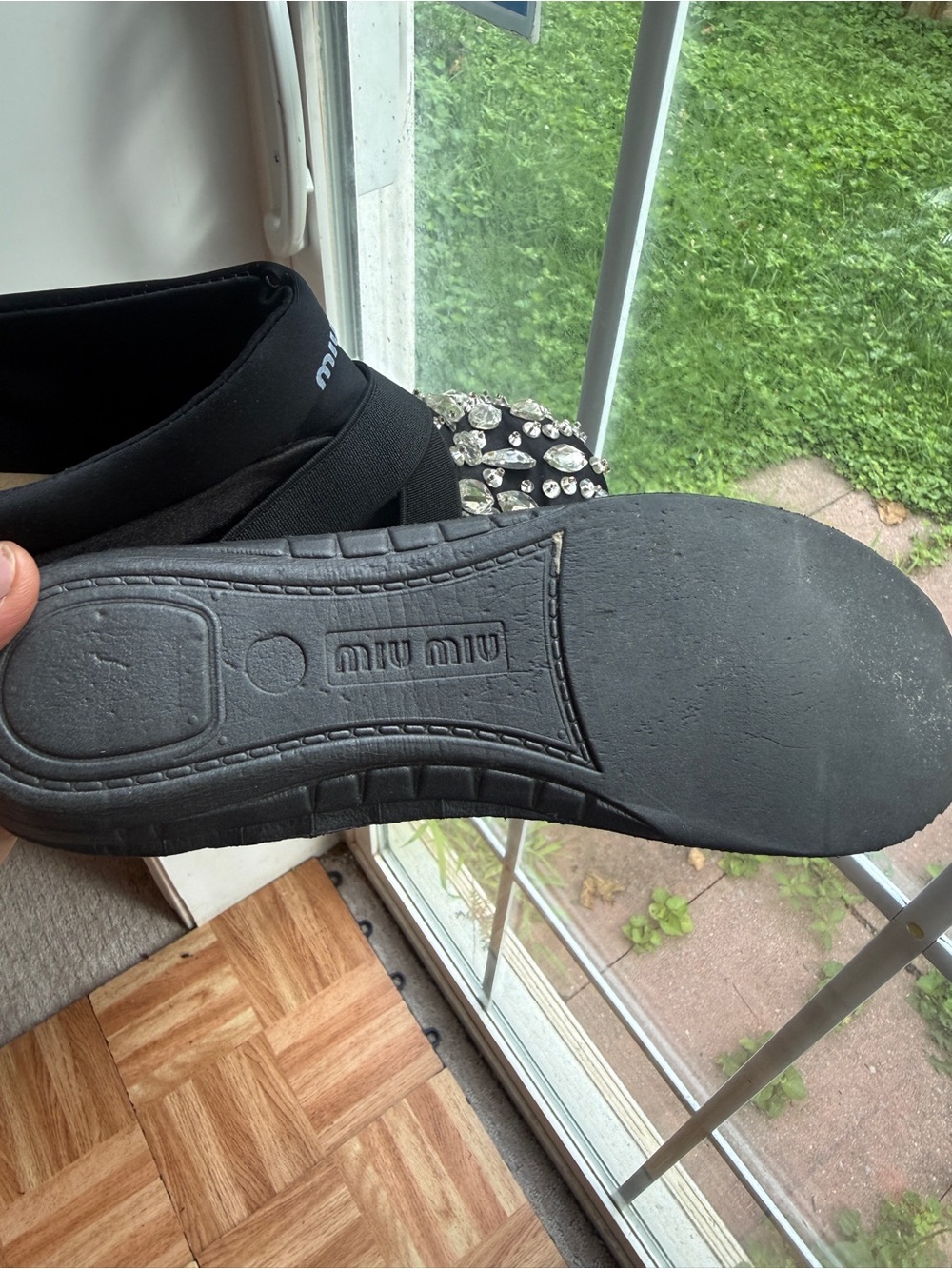 Black Crystal-Embellished Cross-Strap Slip-Ons - Picture 12 of 15